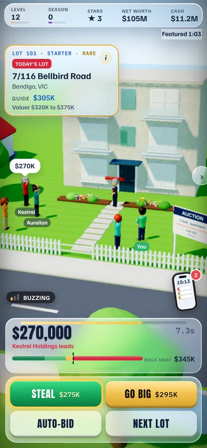 Bidders raising paddles outside a house while the auctioneer calls the price