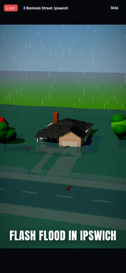 A house surrounded by floodwater: Flash flood in Ipswich