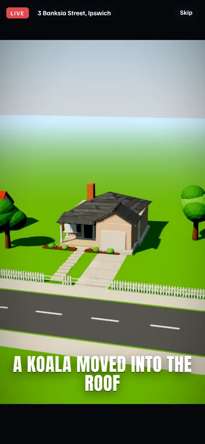 A live event cutaway of a house with the caption: A koala moved into the roof