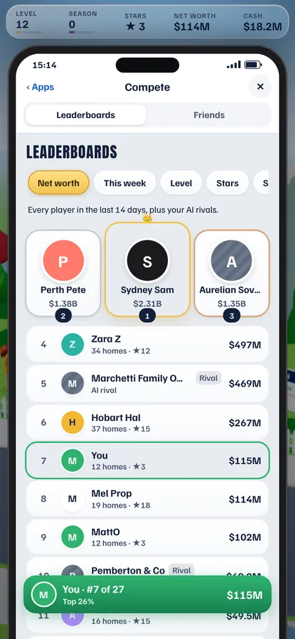 Leaderboards ranking players by net worth with a podium for the top three