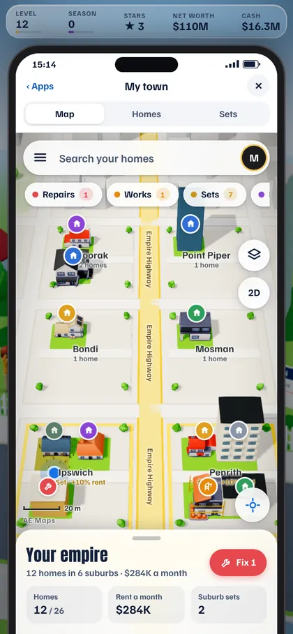 A map of the player's homes across Bondi, Mosman, Ipswich and Penrith with repair and works pins