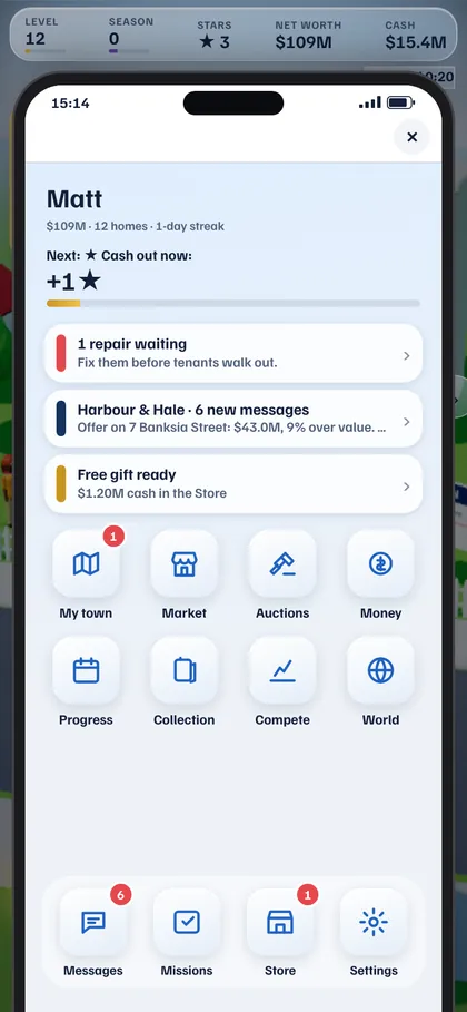 The in-game phone home screen with apps for My town, Market, Auctions, Money, Progress, Collection, Compete and World